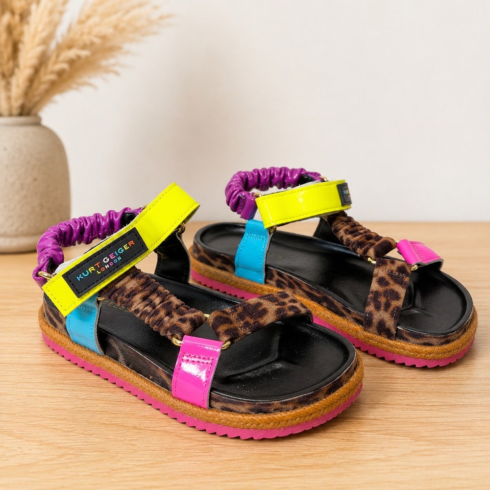 Kurt Geiger Mini Orion Espadrille Sandals Kids 2M EU33 Leopard Neon